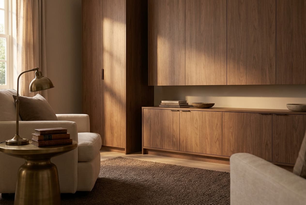 Foliertes Wohnzimmer-Möbel im privaten Zuhause in warmer Holzoptik